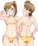  ass back bikini breasts brown_eyes brown_hair collarbone cowboy_shot from_behind futami_ami futami_mami grin highres idolmaster idolmaster_(classic) looking_at_viewer multiple_girls navel one_eye_closed one_side_up siblings side-tie_bikini side_ponytail sisters small_breasts smile swimsuit tsurui twins v v_over_eye yellow_bikini 