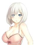  bare_shoulders blue_eyes bra breasts collarbone commentary_request eyes_visible_through_hair hair_ornament hair_over_one_eye hairclip hamakaze_(kantai_collection) highres ijima_yuu kantai_collection large_breasts looking_at_viewer open_mouth pink_bra short_hair silver_hair simple_background solo underwear upper_body white_background 