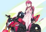  abs bodysuit braid cameltoe dated f.s. green_eyes ground_vehicle helmet lips motor_vehicle motorcycle motorcycle_helmet muscle muscular_female non-web_source pink_hair skin_tight solo twin_braids 