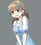  blue_dress blush brown_eyes collarbone dress drill_hair earrings flower frown grey_background hair_flower hair_ornament idolmaster idolmaster_cinderella_girls jewelry light_brown_hair looking_at_viewer masuneko morikubo_nono nervous short_hair short_sleeves simple_background solo 