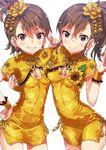  bad_id bad_pixiv_id breasts brown_eyes brown_hair china_dress chinese_clothes dress earrings flower futami_ami futami_mami grin hair_flower hair_ornament hand_on_hip highres idolmaster idolmaster_(classic) idolmaster_million_live! jewelry multiple_girls narumi_arata siblings side_ponytail sisters small_breasts smile twins v white_background wristband 