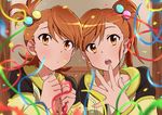  blurry blush closed_eyes collarbone confetti depth_of_field fingernails futami_ami futami_mami hair_bobbles hair_ornament head_tilt highres idolmaster idolmaster_(classic) idolmaster_platinum_stars indoors long_sleeves looking_at_viewer multiple_girls one_side_up orange_eyes orange_hair own_hands_together round_teeth short_hair siblings side_ponytail sisters teeth tsuntsun_(oekaki972) twins upper_body 