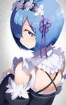  bare_shoulders blue_eyes blue_hair blush detached_sleeves flower from_behind hair_flower hair_ornament hair_over_one_eye ika looking_at_viewer looking_back maid md5_mismatch re:zero_kara_hajimeru_isekai_seikatsu rem_(re:zero) short_hair solo x_hair_ornament 