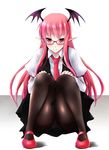  bespectacled black_skirt black_vest blush brown_legwear collared_shirt demon_girl eyebrows eyebrows_visible_through_hair full_body glasses highres koakuma long_hair long_sleeves looking_at_viewer mary_janes panties pantyhose pink_hair pleated_skirt pointy_ears red_eyes red_hair shirt shoes simple_background skirt smile solo squatting succubus touhou underwear upskirt very_long_hair vest white_background white_panties white_shirt wing_collar yumi_(careca398) 