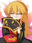  :3 :t =_= aura baumkuchen blonde_hair blush chinese_clothes eating fire food food_on_face highres junko_(touhou) katsumi5o long_hair no_hat no_headwear sitting smile solo tabard themed_object touhou what wide_sleeves |3 