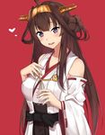 :d ahoge asato_(fadeless) blush breasts brown_hair detached_sleeves double_bun headgear heart highres jewelry kantai_collection kongou_(kantai_collection) large_breasts long_hair looking_at_viewer nontraditional_miko open_mouth purple_eyes red_background remodel_(kantai_collection) ring simple_background smile solo teeth wedding_band 