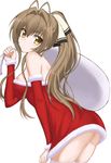  amagi_brilliant_park antenna_hair brown_eyes brown_hair detached_sleeves hair_ribbon highres long_hair ponytail ribbon santa_costume sento_isuzu side_ponytail simple_background solo thighhighs white_background white_legwear white_ribbon xingnai 