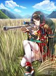  bangs bare_shoulders beniimo_danshaku black_hair breasts cloud company_name copyright_request day english glass glasses grass gun hairband hill holding holding_gun holding_weapon japanese_clothes kimono medium_breasts obi on_ground one_knee outdoors parted_lips ribbon-trimmed_legwear ribbon_trim rifle sandals sash scope semi-rimless_eyewear sniper_rifle solo swept_bangs thighhighs weapon white_legwear 