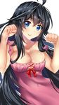  ahoge bangs bare_shoulders black_hair blue_eyes bow breasts cleavage clenched_hands closed_mouth collarbone cross-laced_clothes dress eyebrows eyebrows_visible_through_hair hair_between_eyes highres large_breasts long_hair looking_at_viewer netoge_no_yome_wa_onna_no_ko_janai_to_omotta? paperfinger paw_pose pink_dress red_bow red_lips simple_background sleeveless sleeveless_dress smile solo strap_slip tamaki_ako white_background 