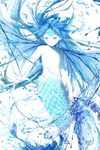 animal_ears arm_at_side blue blue_eyes blue_hair cardcaptor_sakura closed_mouth clow_card fingernails head_fins highres light_frown long_fingernails long_hair looking_at_viewer mermaid monster_girl scales shade sharp_fingernails solo water watery_(clow_card) white_background white_skin winni 