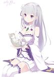  animal artist_name bare_shoulders braid breasts cat cleavage detached_collar detached_sleeves dress ear_piercing elf emilia_(re:zero) flower french_braid grey_cat hair_flower hair_ornament hair_ribbon holding holding_animal in_palm long_hair medium_breasts piercing pleated_skirt pointy_ears puck_(re:zero) purple_eyes re:zero_kara_hajimeru_isekai_seikatsu ribbon signature silver_hair simple_background sitting skirt smile takehana_note thighhighs white_background white_legwear wide_sleeves zettai_ryouiki 