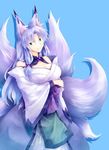  animal_ears bare_shoulders blue_background breasts cleavage fox fox_ears fox_tail green_eyes hand_on_own_chest highres japanese_clothes kikyou_(sakuragi_rian) kitsune large_breasts lavender_hair light_smile long_hair looking_at_viewer multiple_tails off_shoulder original sakuragi_rian simple_background solo tail 