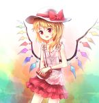  :d alternate_costume bare_shoulders blonde_hair blush bow bracelet buttons camisole contemporary cowboy_shot crystal demon_wings eyebrows eyebrows_visible_through_hair fang flandre_scarlet hair_bow hat holding jewelry layered_skirt looking_at_viewer miniskirt minust open_mouth red_bow red_eyes red_skirt short_hair skirt sleeveless smile solo standing tooth touhou white_hat wings 