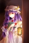  book crescent crescent_moon_pin hair_ribbon kutsuki_kai lantern long_hair patchouli_knowledge purple_eyes purple_hair ribbon solo touhou 