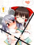  2girls animal_ears blush bow brown_hair detached_sleeves grey_hair hair_bow hair_tubes hakurei_reimu heart hug hug_from_behind mouse_ears multiple_girls nazrin nnyara red_eyes rod spoken_exclamation_mark spoken_heart touhou 