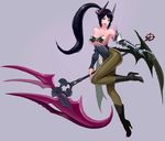  black_hair boots breasts brown_legwear demon_girl demon_wings gauntlet high_heel_boots high_heels horns knee_boots leotard mabinogi mabinogi_heroes pantyhose ponytail preter scythe succubus succubus_queen_(mabinogi_heroes) weapon wings 