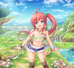  ahoge bad_id bad_pixiv_id bandeau bangs black_legwear blue_eyes bracelet braid cloud day flower hair_bobbles hair_ornament jewelry long_hair midriff mountain mutsuba_fumi nature navel necklace open_mouth original outdoors outstretched_arms panties red_hair ribbon scenery short_shorts shorts side-tie_panties side_ponytail sky smile solo stream thighhighs tree underwear water waterfall 
