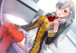  alpha_(eren_mfmf) bed blush braid dutch_angle fate/grand_order fate_(series) frilled_sleeves frills garter_straps hair_between_eyes long_hair looking_at_viewer olga_marie_animusphere open_mouth red_legwear silver_hair sitting solo thighhighs yellow_eyes 