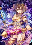  baal_(mythology) bangs bare_shoulders braid breasts brown_hair canaanite_mythology cleavage cloud club company_name dual_wielding earrings hair_ornament holding holding_weapon jewelry lightning long_hair looking_at_viewer madogawa medium_breasts moeru!_jiten moeru!_shinsei_buki_jiten navel necklace official_art open_mouth red_eyes ring sash sidelocks solo star_(sky) thighhighs weapon yagrush_&amp;_ayamur 