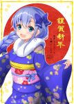  1girl :d bangs blue_bow blue_eyes blue_hair blue_kimono blush bow braid commentary_request eyebrows_visible_through_hair floral_print fur_collar hair_between_eyes hair_bow highres japanese_clothes kimono long_hair long_sleeves looking_at_viewer nijisanji obi open_mouth pinching_sleeves print_kimono sash signature single_braid sleeves_past_wrists smile solo translation_request virtual_youtuber wide_sleeves ymd_(holudoun) yuuki_chihiro 