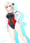  bad_id bad_pixiv_id blonde_hair blue_eyes braid competition_swimsuit dakku_(ogitsune) high_school_fleet jacket jacket_over_swimsuit long_hair one-piece_swimsuit solo standing swimsuit wilhelmina_braunschweig_ingenohl_friedeburg 