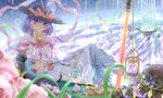  2girls blue_hair bubbles cake clouds dress flowers food fruit hat hinanawi_tenshi leaves nagae_iku purple_hair red_eyes rose sky touhou xuanlin_jingshuang 