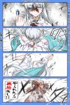  1girl 4koma ;) anastasia_(fate/grand_order) animal arms_up bangs blue_cloak blue_eyes cloak closed_mouth comic commentary_request crystal dress eyebrows_visible_through_hair fate/grand_order fate_(series) hair_over_one_eye half-closed_eye highres holding long_hair monkey neon-tetora one_eye_closed royal_robe silver_hair smile throwing translation_request very_long_hair white_dress 