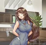  ^_^ arms_behind_back bangs breasts brown_hair closed_eyes company_name covered_navel cross door hairband headband heart impossible_clothes jewelry large_breasts long_hair low-tied_long_hair luck_&amp;_logic madogawa necklace official_art open_mouth original plant sidelocks sleeveless smile solo table taut_clothes very_long_hair 