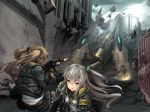  2girls 404_logo_(girls_frontline) armband battle brown_hair city commentary_request dinergate_(girls_frontline) firing girls_frontline glowing grey_hair gun h&amp;k_ump heckler_&amp;_koch highres hood hooded_jacket jacket manticore_(girls_frontline) multiple_girls revision robot ruins running sangvis_ferri scar scar_across_eye siblings sisters submachine_gun twins twintails ump45_(girls_frontline) ump9_(girls_frontline) usuki_(graygreed) weapon yellow_eyes 