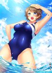  bare_shoulders blue_eyes blush breasts brown_hair competition_swimsuit huge_breasts ibuki_haruhi love_live! love_live!_sunshine!! one-piece_swimsuit open_mouth salute short_hair solo swimsuit wading watanabe_you wet 