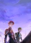  alen_(fire_emblem) armor cloud fire_emblem fire_emblem:_fuuin_no_tsurugi green_eyes green_hair horse kuzumosu lance_(fire_emblem) multiple_boys red_eyes red_hair sky 