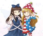  american_flag_dress american_flag_legwear blonde_hair brown_eyes brown_hair clownpiece dress eyebrows eyebrows_visible_through_hair fairy_wings frilled_shirt_collar frills fur_trim hat hime_cut jester_cap long_hair long_sleeves looking_at_viewer multiple_girls one_eye_closed polka_dot red_eyes short_dress sidelocks star star_sapphire striped touhou v wings ys_(fall) 