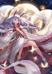  :o a-na animal_ears bug bunny_ears butterfly eyeliner full_moon glowing_butterfly granblue_fantasy hair_ornament highres insect japanese_clothes kaguya_(granblue_fantasy) kimono long_hair makeup moon night red_eyes solo tears white_hair 