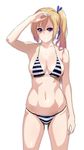  absurdres bikini blonde_hair breasts cleavage highres kawakami_mai large_breasts long_hair musaigen_no_phantom_world purple_eyes shading_eyes side_ponytail simple_background skindentation smile solo standing striped striped_bikini swimsuit tonotyama underboob white_background 