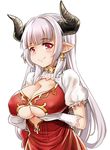  alicia_(granblue_fantasy) breasts cleavage covered_nipples cross cross_earrings draph earrings gloves granblue_fantasy heart heart-shaped_pupils highres horns jewelry large_breasts long_hair pointy_ears red_eyes silver_hair simple_background smile solo symbol-shaped_pupils unname white_background white_gloves 