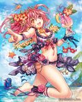  apple armpits bandages bangs barefoot bikini blonde_hair breasts cleavage cloud cocktail_glass company_name crab cup day dolphin drinking_glass earrings eikou_no_guardian_battle flower flying food frills fruit hair_flower hair_ornament hair_ribbon heterochromia hibiscus highres holding jewelry leaf lei looking_at_viewer madogawa medium_breasts midriff monster multiple_girls nail_polish navel ocean official_art original outstretched_arms pineapple pink_eyes pink_hair pointing ribbon short_hair sky smile solo_focus starfish swimsuit tiara tree_branch yellow_eyes 