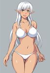  ass_visible_through_thighs bad_id bad_nicoseiga_id bikini blush cowboy_shot dark_elf dark_skin elf highres ijima_yuu long_hair looking_at_viewer open_mouth original pointy_ears side-tie_bikini solo swimsuit thigh_gap white_bikini white_hair yellow_eyes 