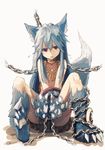  animal_ear_fluff animal_ears bare_shoulders blue_hair bound bound_wrists chain claws collar collarbone fangs fenrir_(shingeki_no_bahamut) full_body granblue_fantasy hair_between_eyes highres hizakozouzu jewelry long_hair looking_at_viewer open_mouth paws red_eyes shingeki_no_bahamut sitting solo tail tattoo white_background wolf_ears wolf_tail 