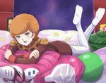  bed big_zam feet flower gacha-m gundam haro looking_at_viewer military military_uniform mineva_lao_zabi open_mouth orange_hair pantyhose qubeley short_hair solo space uniform white_legwear 