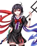  absurdres asymmetrical_hair asymmetrical_wings bad_id bad_pixiv_id behind_back black_dress black_hair black_legwear blue_wings bow breasts cowboy_shot dress head_tilt highres houjuu_nue looking_at_viewer nail_polish open_mouth polearm red_eyes red_nails red_wings sheya short_dress short_hair short_sleeves simple_background small_breasts smile snake solo thighhighs touhou trident weapon white_background wings wristband zettai_ryouiki 