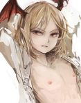  arms_behind_head blonde_hair collarbone female flat_chest granblue_fantasy head_wings open_clothes open_shirt parted_lips pointy_ears red_eyes rough shingeki_no_bahamut simple_background solo vampy wataichi_meko white_background 