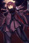  bodysuit breasts fate/grand_order fate_(series) gae_bolg highres kndy large_breasts long_hair looking_down polearm purple_bodysuit purple_hair red_eyes scathach_(fate)_(all) scathach_(fate/grand_order) skin_tight solo spear weapon 