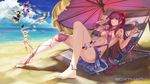  3boys alcohol anklet barefoot barefoot_sandals beach bikini black_hair blonde_hair breasts chromatic_aberration cup drinking_glass fate/apocrypha fate/grand_order fate/stay_night fate/zero fate_(series) feet flower food fruit gae_bolg gae_buidhe gae_dearg gilgamesh hair_flower hair_ornament highres jeanne_d'arc_(fate) jeanne_d'arc_(fate)_(all) jewelry lancer lancer_(fate/zero) large_breasts long_hair midriff multiple_boys multiple_girls navel polearm purple_hair red_eyes scathach_(fate)_(all) scathach_(fate/grand_order) short_hair spear swimsuit umbrella ushas watermelon weapon wine wine_glass yellow_eyes 