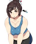  :o bad_id bad_pixiv_id beads belly breast_squeeze breasts brown_hair eyewear_on_head glasses hair_bun hair_ornament hair_stick highres large_breasts mei_(overwatch) moisture_(chichi) overwatch parted_lips plump short_hair simple_background solo tank_top thighs white_background 