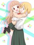  absurdres agenasu blonde_hair brown_hair echizen_(tanakeda) fang highres hug long_skirt miyano_(tanakeda) multiple_girls school_uniform skirt tanaka-kun_wa_itsumo_kedaruge 