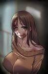  abuse bare_shoulders blood breasts brown_eyes brown_hair bruise burn_mark collarbone commentary_request covered_nipples highres huge_breasts injury lips long_hair original papirorooru partially_blind smile solo sweater 