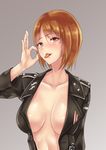  bangs black_jacket blush breasts brown_eyes brown_hair cleavage fellatio_gesture girls_und_panzer grey_background jacket large_breasts looking_at_viewer military military_uniform nazi nishizumi_miho no_bra no_shirt open_clothes open_jacket short_hair solo takeda_seiji tongue tongue_out uniform upper_body wehrmacht 