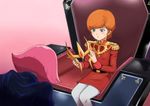  bowing gacha-m green_eyes gundam haman_karn military military_uniform mineva_lao_zabi multiple_girls orange_hair pantyhose pink_hair short_hair sitting throne uniform white_legwear 