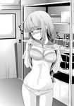  blush bra braid breasts cowboy_shot eyebrows eyebrows_visible_through_hair glasses greyscale haruchika indoors large_breasts long_hair looking_at_viewer monochrome narushima_miyoko panties school_uniform sei_kazuyoshi shirt_lift solo strapless strapless_bra sweat underwear 