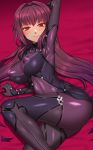  arm_up armpits bed_sheet bodysuit breasts erect_nipples fate/grand_order fate_(series) hair_intakes impossible_bodysuit impossible_clothes large_breasts leotard long_hair looking_at_viewer lying nt00 on_side purple_bodysuit purple_hair purple_leotard red_eyes revision scathach_(fate)_(all) scathach_(fate/grand_order) smile 
